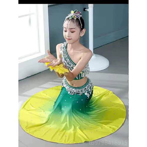 正品六一新款傣族儿童演习出服鱼尾女童学练裙裙生孔雀舞表演服艺