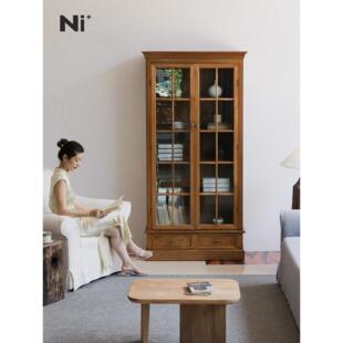 Ni+尼家实木书柜客厅玻璃门展示柜中古风南洋覆古收纳柜储物柜子