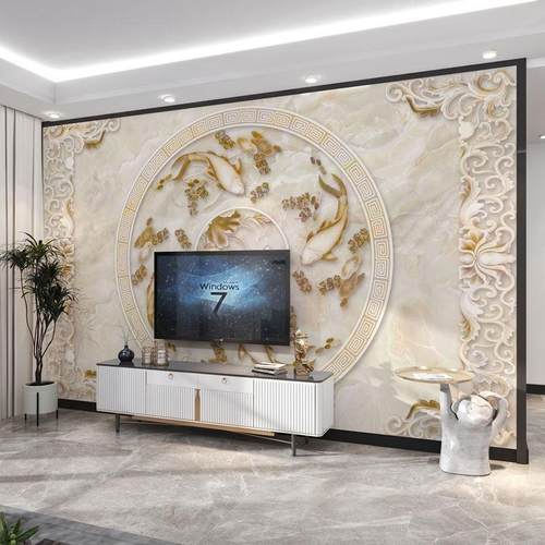 墙纸定制新中式3d立体九鱼图电视背景墙壁纸客厅壁布卧室墙布壁画