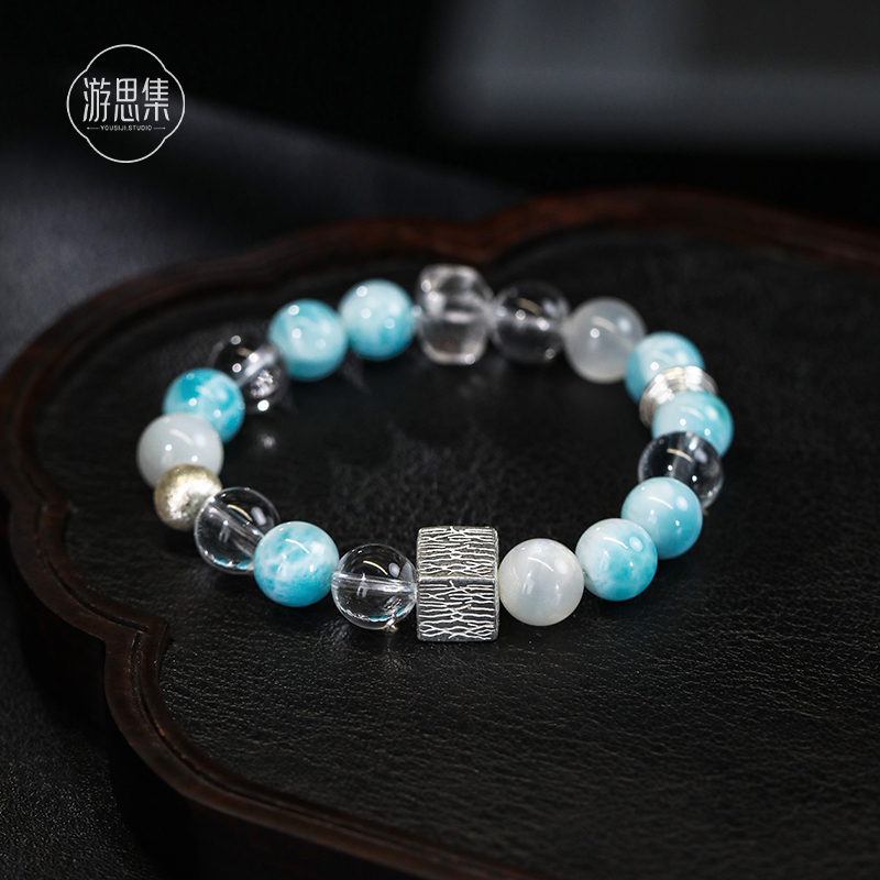 游思集东方既白天然巴西7A级原石白水晶海纹石手串新中式手链原创