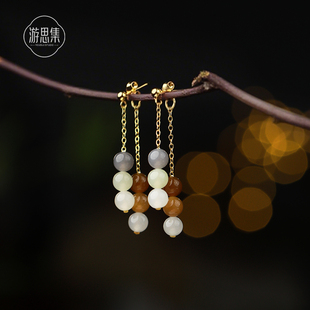 游思集天然多宝和田玉耳环新中式 轻奢高级感美拉德纯银流苏耳线女