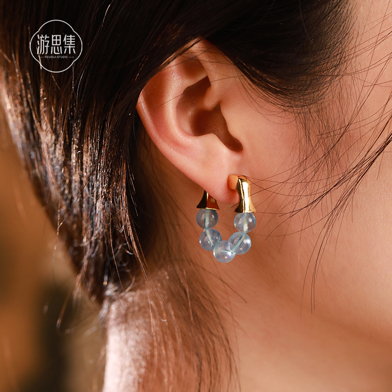 游思集天然冰种海蓝宝水晶耳扣
