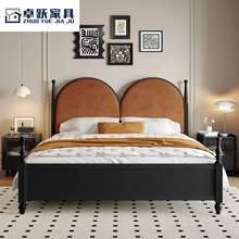 美式复古巴黎黑色实木床法式民宿乡村藤编中古风主卧储物双人大床