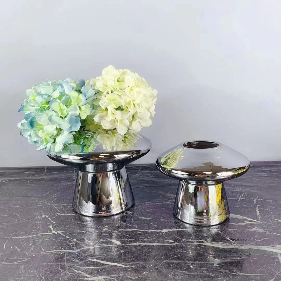 简约现代个性蘑菇造型金属色轻奢欧式插干花客厅餐桌玻璃花瓶摆件