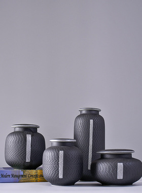 腾跃黑色条纹盖罐新中式办公书柜酒店装饰品样版间艺术摆件批发