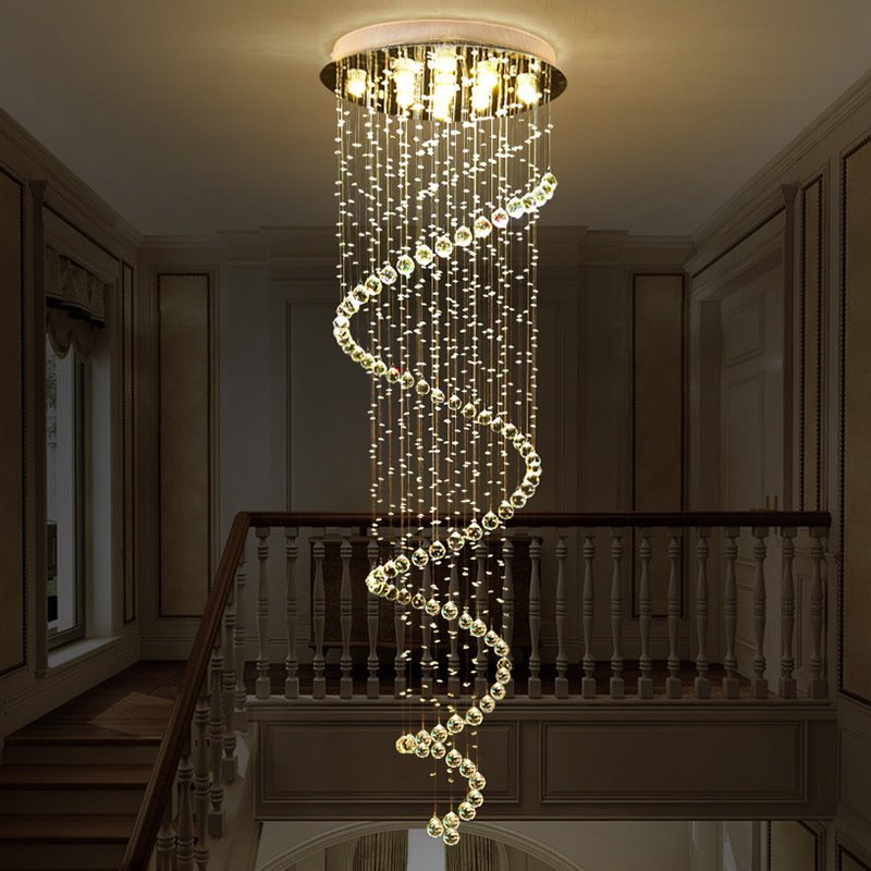 复式楼别墅客厅水晶吊灯轻奢吊线灯创意LED旋转圆形简约楼梯吊灯