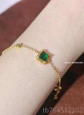 高档祖母绿方糖手链女黄.法金纯银翡方 翠绿单钻手镯轻奢式复古绿