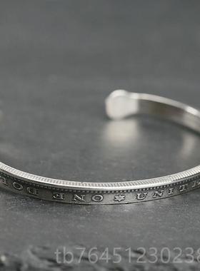 高档牛根钝精工 NW美国摩银币窄款镯绿松石花钉纯银菊925男女银手