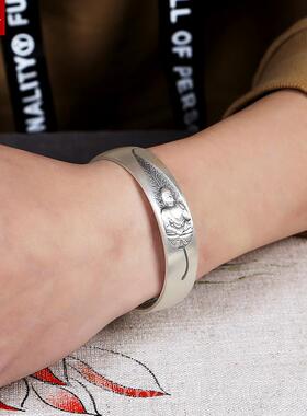 高档贵鹿一叶一菩999纯银富手镯男士开口镯叶子足银提子 佛像菩提