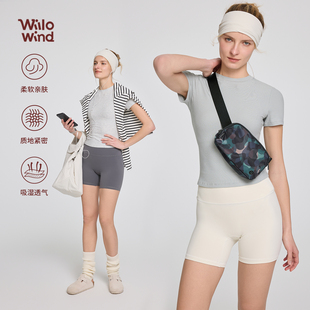 Willowind新品瑜伽服天丝莫代尔螺纹小圆领T恤短款运动上衣健身服