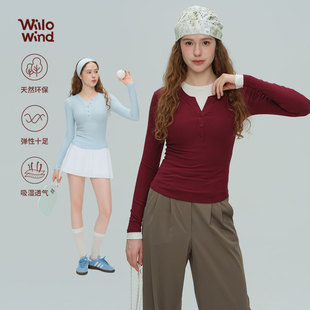 Willowind秋冬新款天丝莫代尔瑜伽服女圆领纽扣T透气高弹运动长袖