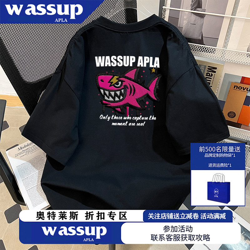WASSUP美式复古英文字母纯棉圆领女短袖T恤男2026新款宽松上衣