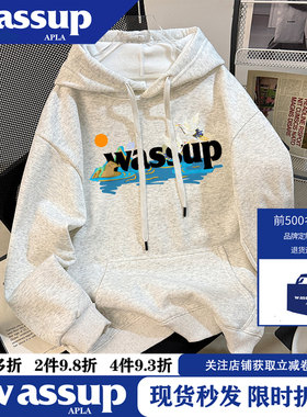 WASSUP国潮水仙鹤印花连帽套头卫衣情侣款春秋冬新款男女宽松外套
