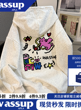 WASSUP2025秋冬季美式复古创意爱神小猫印花连帽卫衣情侣宽松休闲