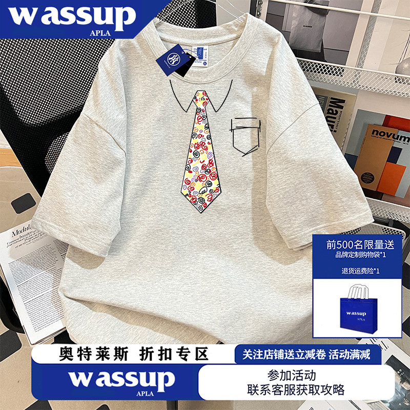 WASSUP美式趣味创意假领带印花短袖宽松纯棉百搭男女情侣同款T恤