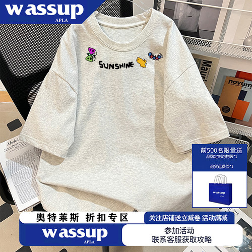 WASSUP美式高街趣味设计感小众印花上衣情侣T恤男女百搭通勤半袖