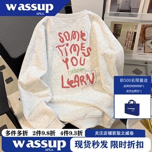 WASSUP欧美ins风街头oversize涂鸦字母圆领宽松嘻哈套头休闲卫衣
