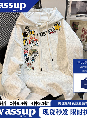 WASSUP春秋冬季新款美式卡通涂鸦卫衣连帽女复古宽松情侣上衣外套
