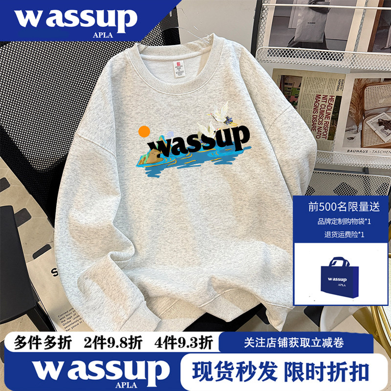 WASSUP国潮水仙鹤印花圆领套头卫衣情侣款春秋冬新款男女宽松上衣
