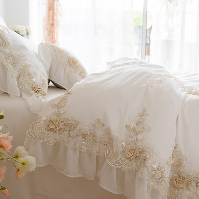 公主风80支长绒棉立体花卉刺绣四件套唯美蕾丝边纯棉被套床上用品