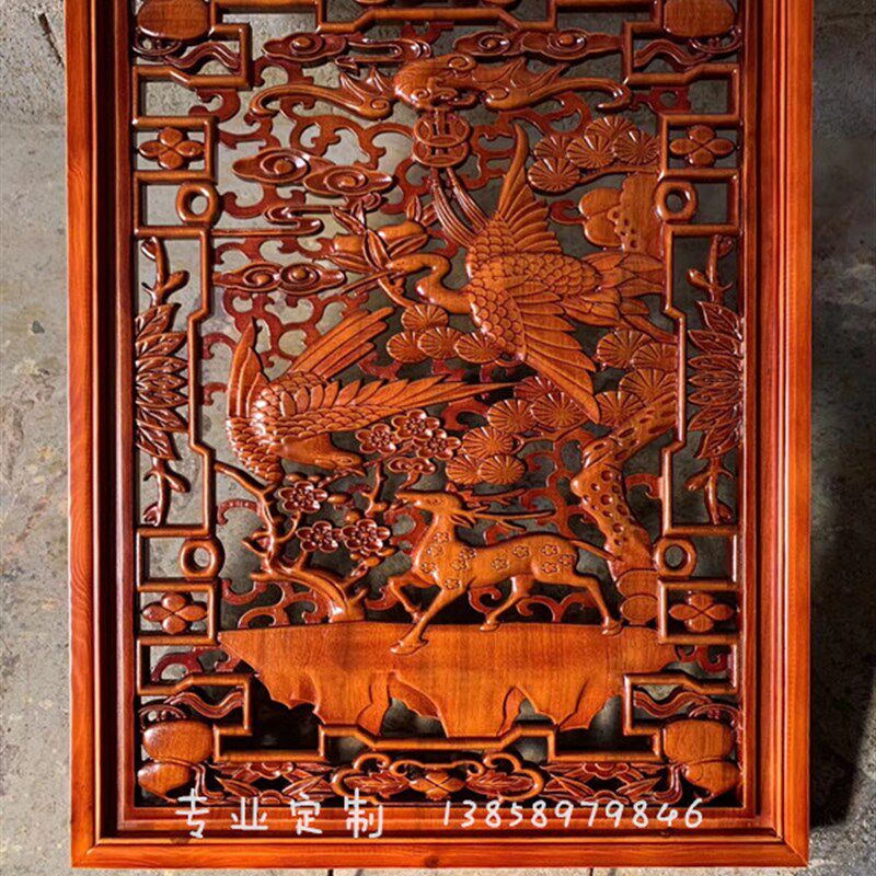 香樟实木雕挂件客厅镂空装饰壁画屏风玄关隔断中式手工刻花格仿古