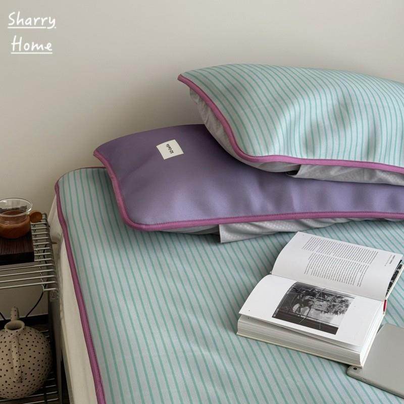 日系ins多巴胺风绿紫色条纹可折叠水洗夏季冰丝绑带凉感席三件套