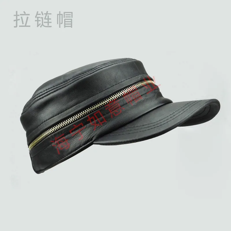 秋冬新款皮质帽子男士 时尚潮流羊皮鸭舌帽 中老年保暖拉链帽