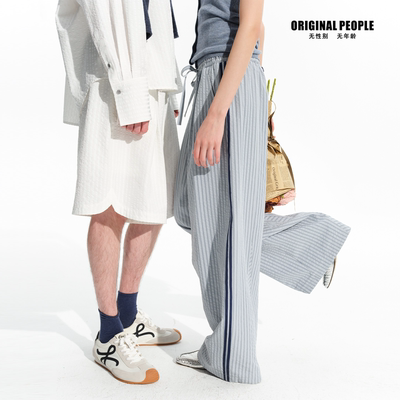 ORIGINAL PEOPLE春季女士高级肌理泡泡纱松弛感条纹休闲长裤短裤