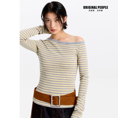 ORIGINALPEOPLE斜肩长袖条纹T恤