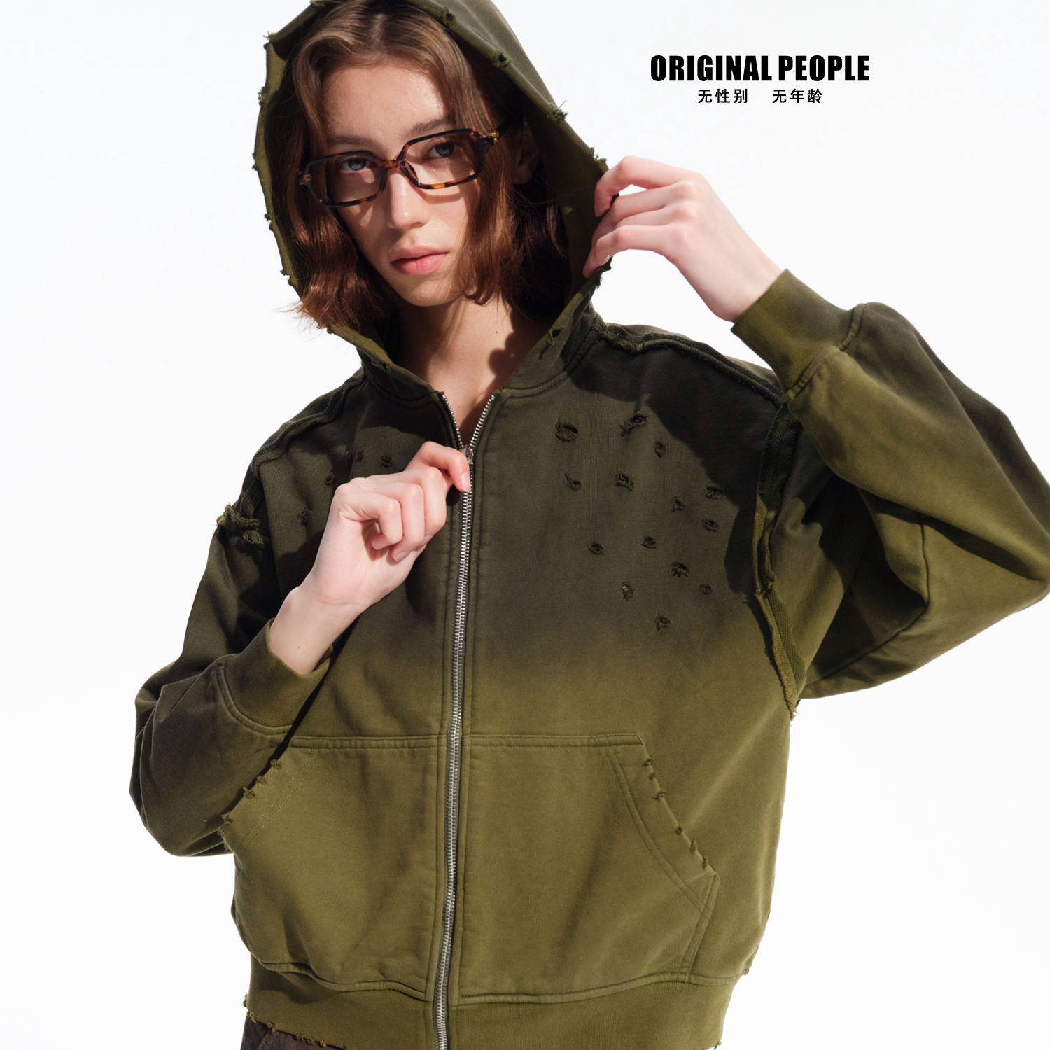 ORIGINAL PEOPLE[O:P LINK系列]渐变做旧连帽卫衣外套/卫裤套装图片
