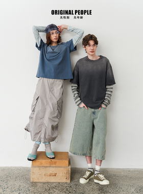 ORIGINAL PEOPLE[O:P LINK系列]春季复古渐变撞色条纹假两件T恤