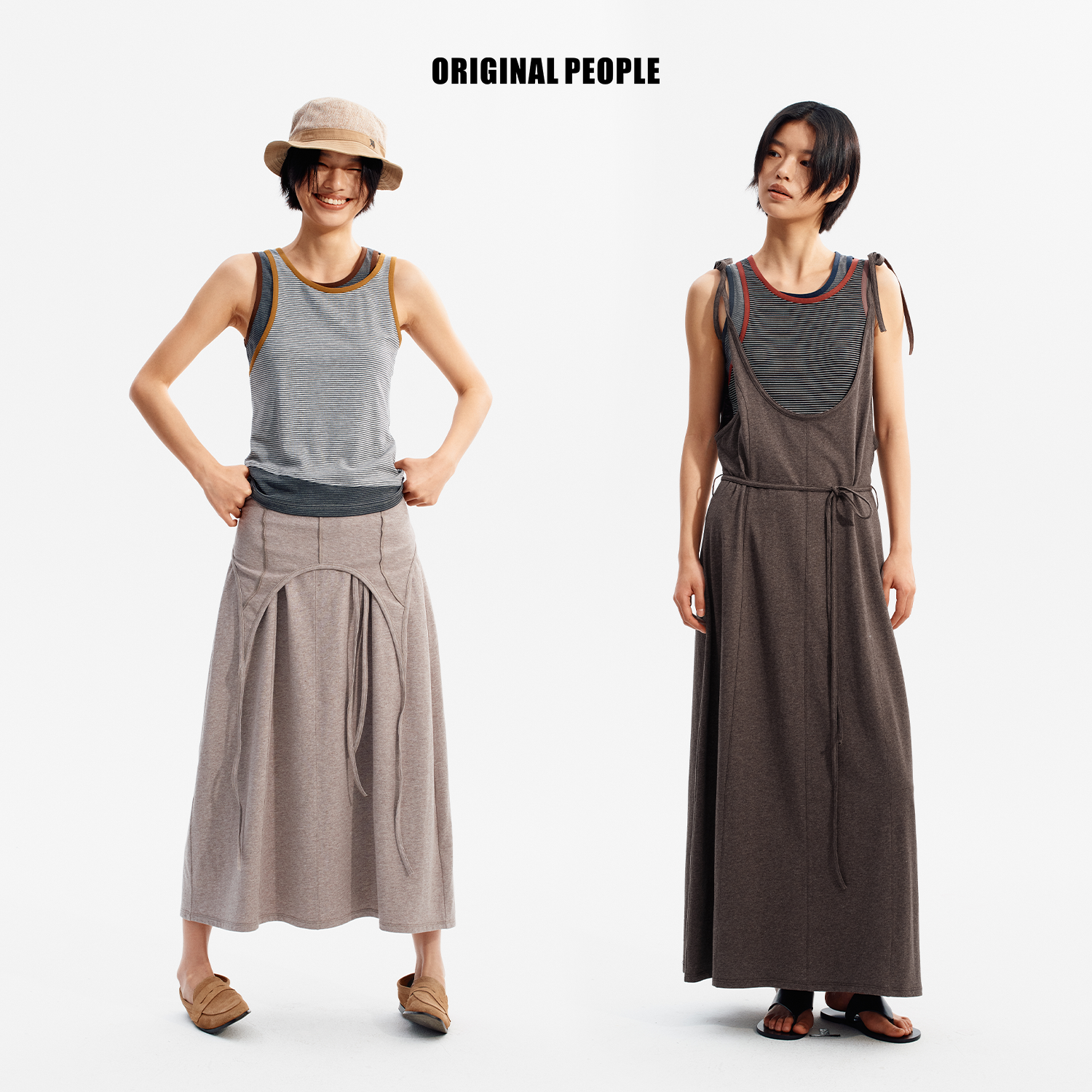 ORIGINAL PEOPLE夏季设计感有机棉针织吊带系带连衣裙可变装半裙