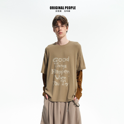 ORIGINAL PEOPLE早春丝绒拼接假两件长袖T恤男女情侣同款上衣