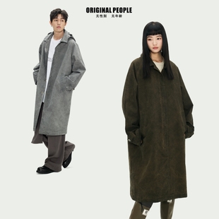 ORIGINAL PEOPLE长款进口面料复古成衣染色男女潮流脱卸帽风衣