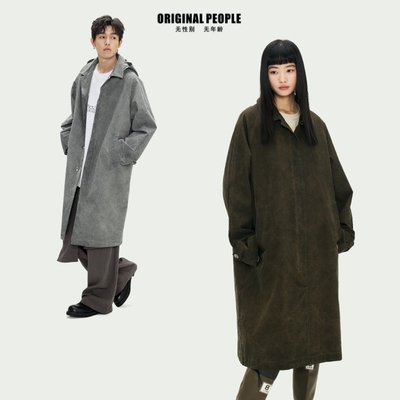 ORIGINAL PEOPLE长款进口面料复古成衣染色男女潮流脱卸帽风衣