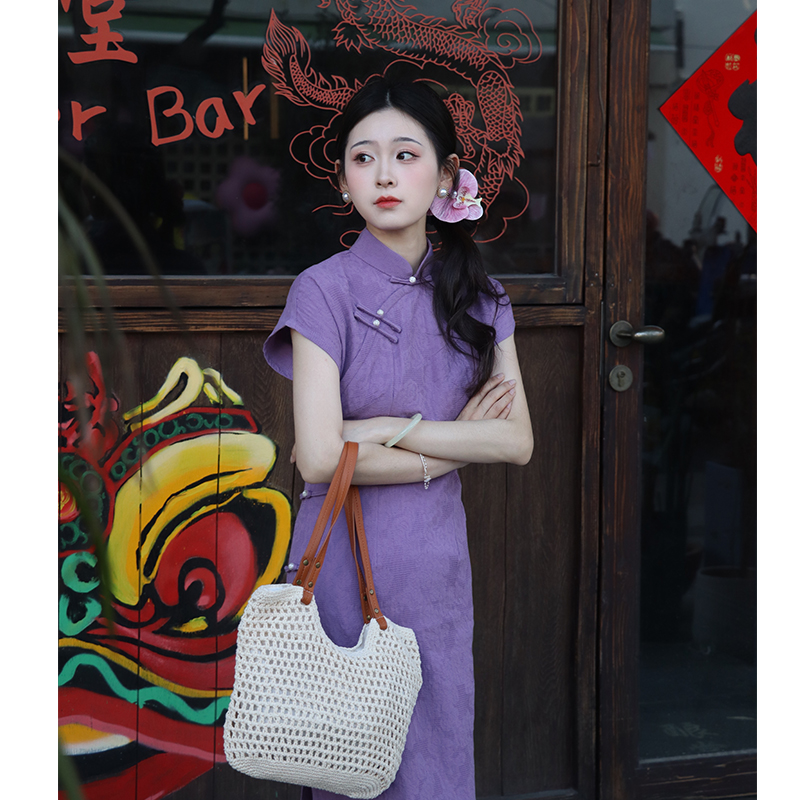 紫苏新中式古法旗袍2025新款夏季紫色气质优雅日常高端少女连衣裙