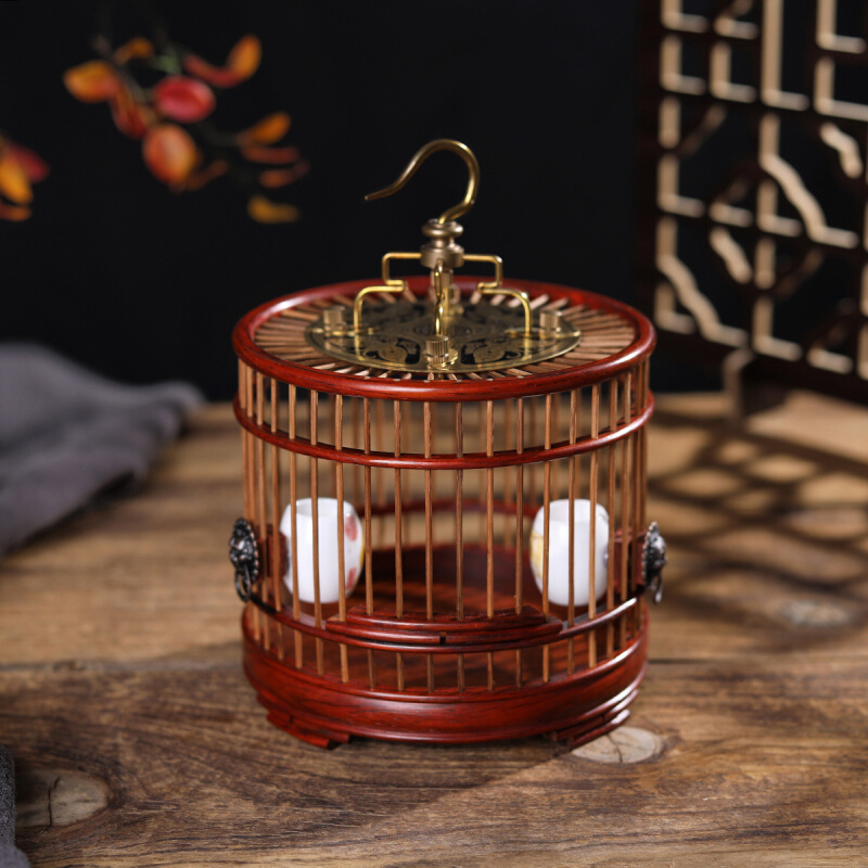 红酸枝蝈蝈笼子微凹黄檀螟虫竹条手工编铜钩小木笼蚂蚱笼中式摆件