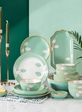 工厂直销玉泉手绘中式碗碟碗盘绿色小清新创意餐具家用简约饭碗盘