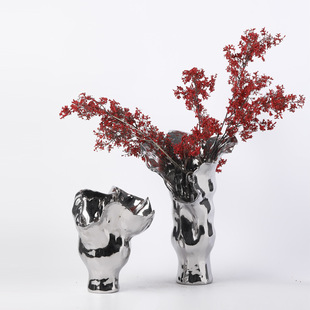 花瓶摆件客厅插花器轻奢高级感陶瓷金属电镀电视柜玄关家居装 饰品