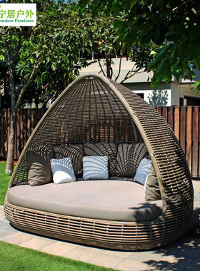 沙发躺床泳池酒店会所度假村阳光房创意设计圆形带棚躺床户外躺床