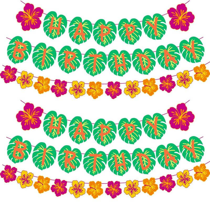 热带Luau派对棕榈叶装饰拉旗拉花 夏威夷Hawaii派对生日快乐横幅