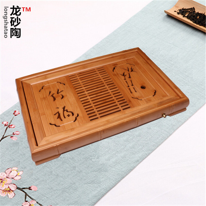 龙砂陶竹制茶盘批发大中小号家用抽屉式储水排水茶台排水管茶海