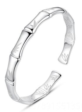 高档999纯银刻手镯女纯银开口竹节银9镯子万饰品银手环字简约送女