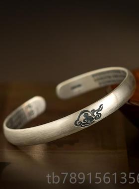 高档99纯银莲花9心手镯银足年轻款民族复古风实心开口刻字经送妈