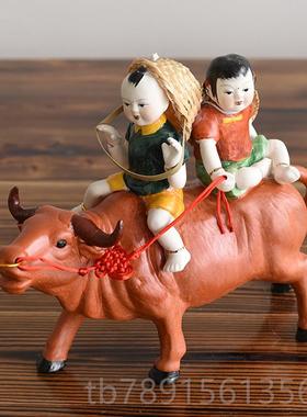 高档景德镇瓷器牧童骑牛古典艺术陶摆件家居厅装摆饰品工艺品客中