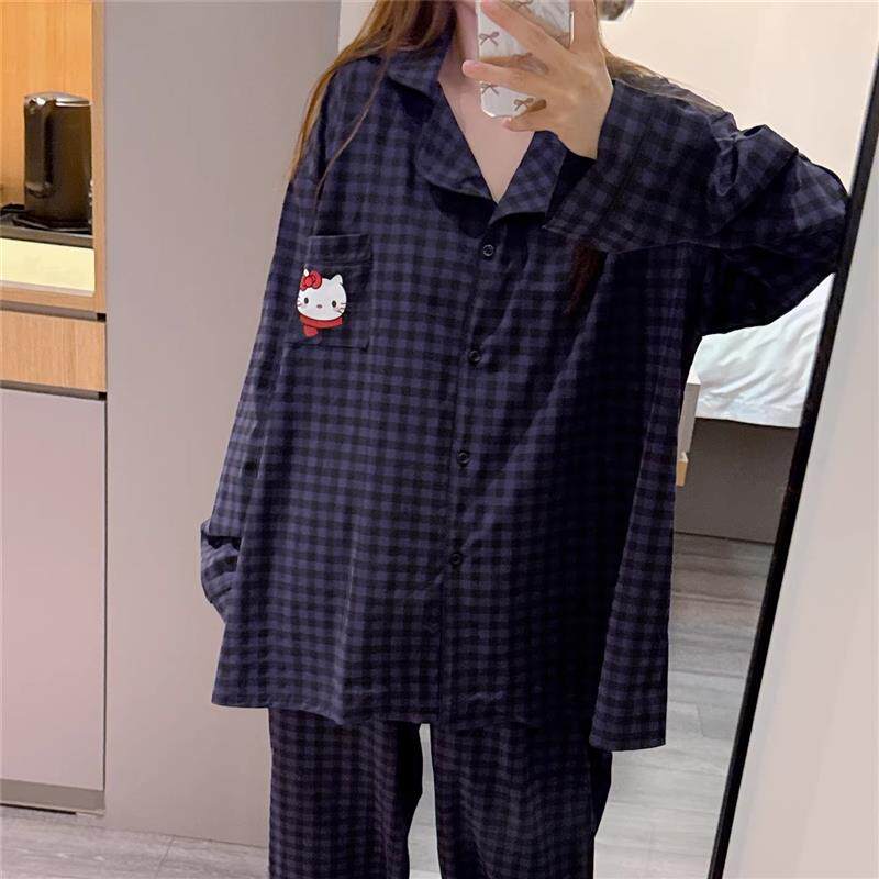 日系长袖开衫睡衣女春秋甜美可爱猫咪E印花家居服大码胖mm格子套