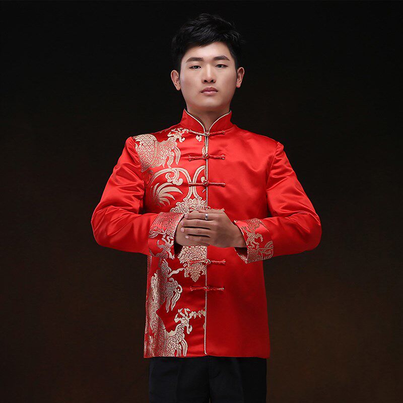 中式唐装外套男士大n码中国风红色缎面长袖中山装司仪新年会演出