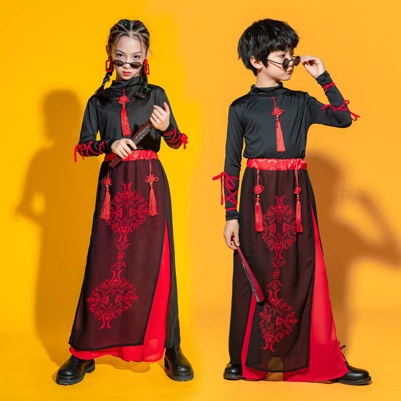 儿童中国b风街舞爵士演出服男童复古女童旗袍走秀古典舞古筝表演