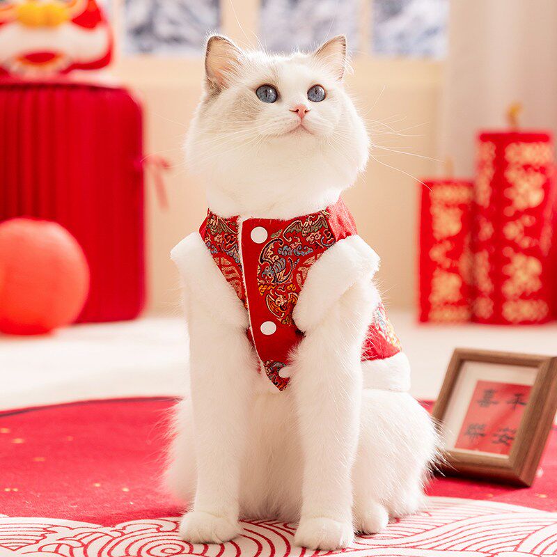 小猫咪衣服冬装保暖马甲新年款y加厚背心宠物德文猫唐装无毛猫绒