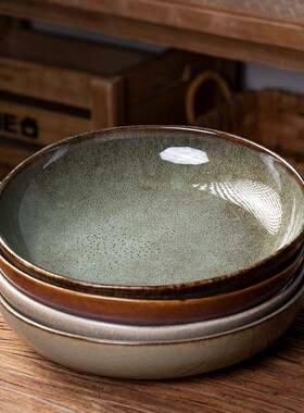 紫色窑变复古风格不规则陶瓷菜碗面碗餐厅摆O盘深盘面碗水果沙拉